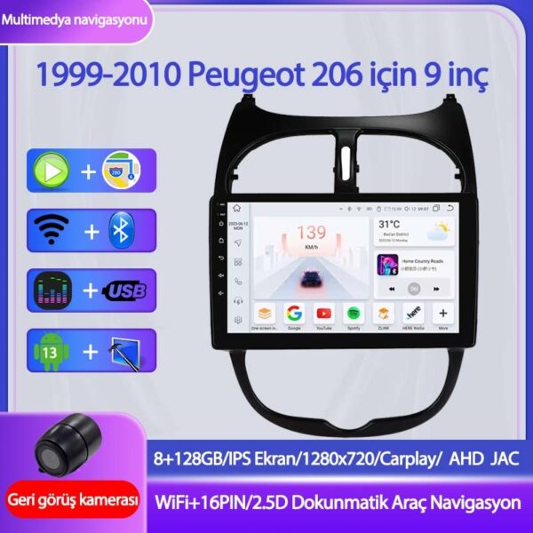 Otolas 1999-2010 Peugeot 206 Için 8+128GB, 9 Inç Carplay Destekli, Kameralı Multimedya Navigasyon Ekran Sistemi