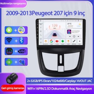 Otolas Peugeot 207 2gb Ram 32GB Depolama 9 Inç Wifi Gps Kablosuz Carplay Kamera Multimedya Navigasyon - 2009-2013