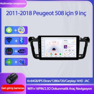 Otolas Peugeot 508 2011-2018 Yıl Uyumlu 9 Inç 4 GB Ram 64 GB Hafıza Multimedya Carplay Navigasyon Kamera