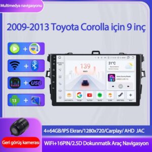 Otolas Toyota Corolla 2007-2013 Yıl Uyumlu 9 Inç 4 GB Ram 64 GB Hafıza Multimedya Carplay Navigasyon Kamera