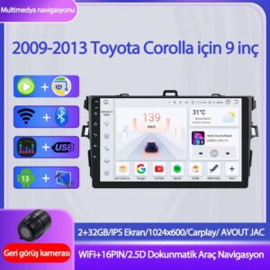 Otolas Toyota Corolla 2007-2013 Yıl Uyumlu 9 Inç 2 GB Ram 32 GB Hafıza Multimedya Carplay Navigasyon Kamera